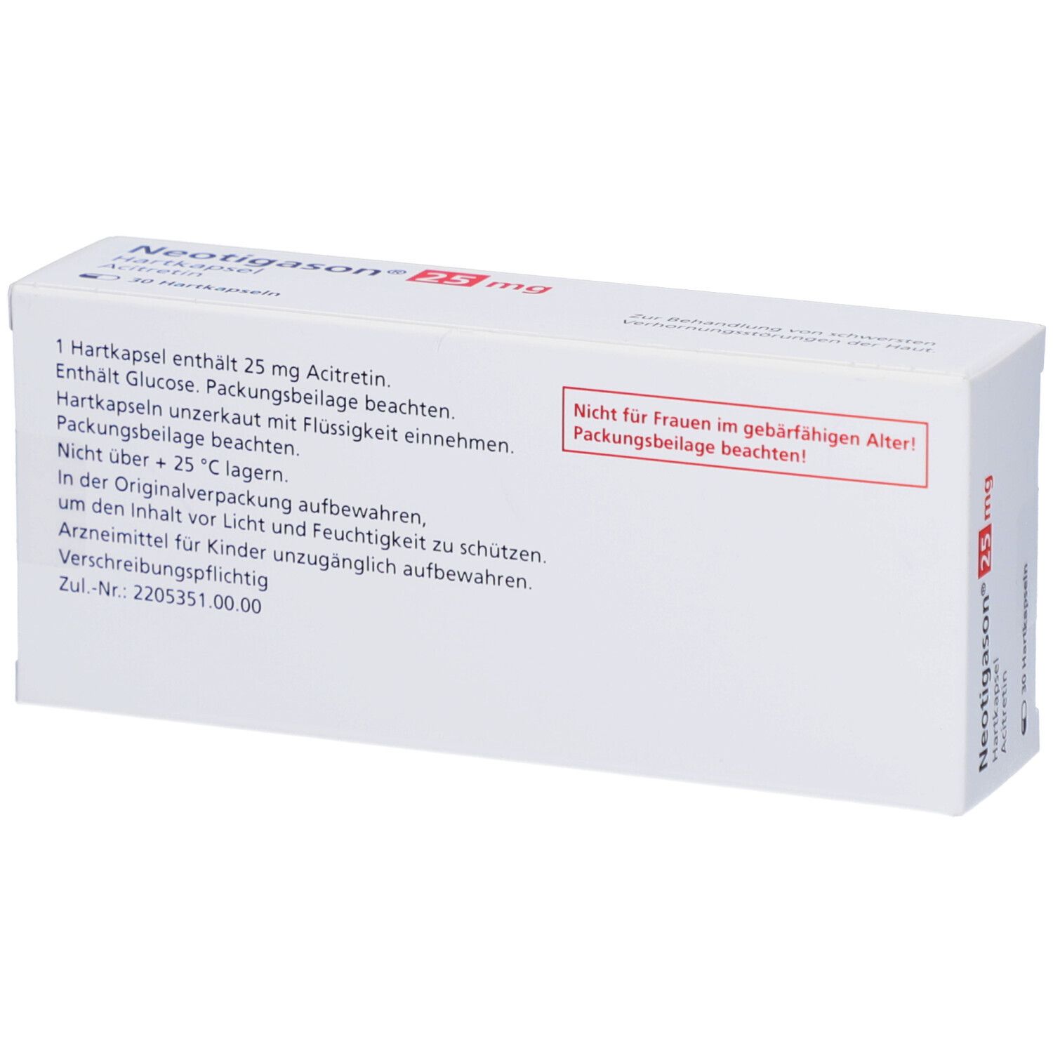 Rückseite der Schachtel mit Informationen zu NEOTIGASON 25 mg Hartkapseln. Text in deutscher Sprache.
