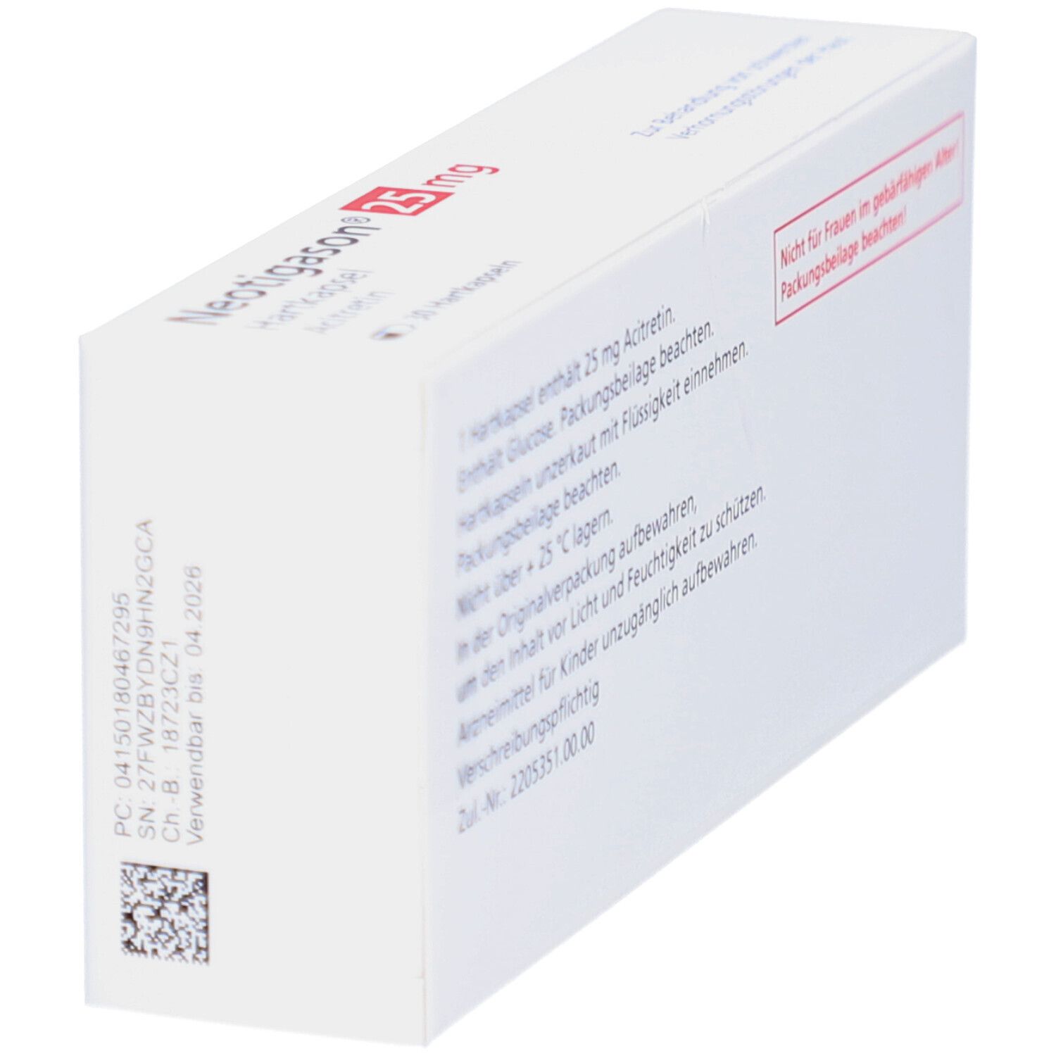 Seitenansicht der Schachtel mit Informationen zu NEOTIGASON 25 mg Hartkapseln. Text in deutscher Sprache.