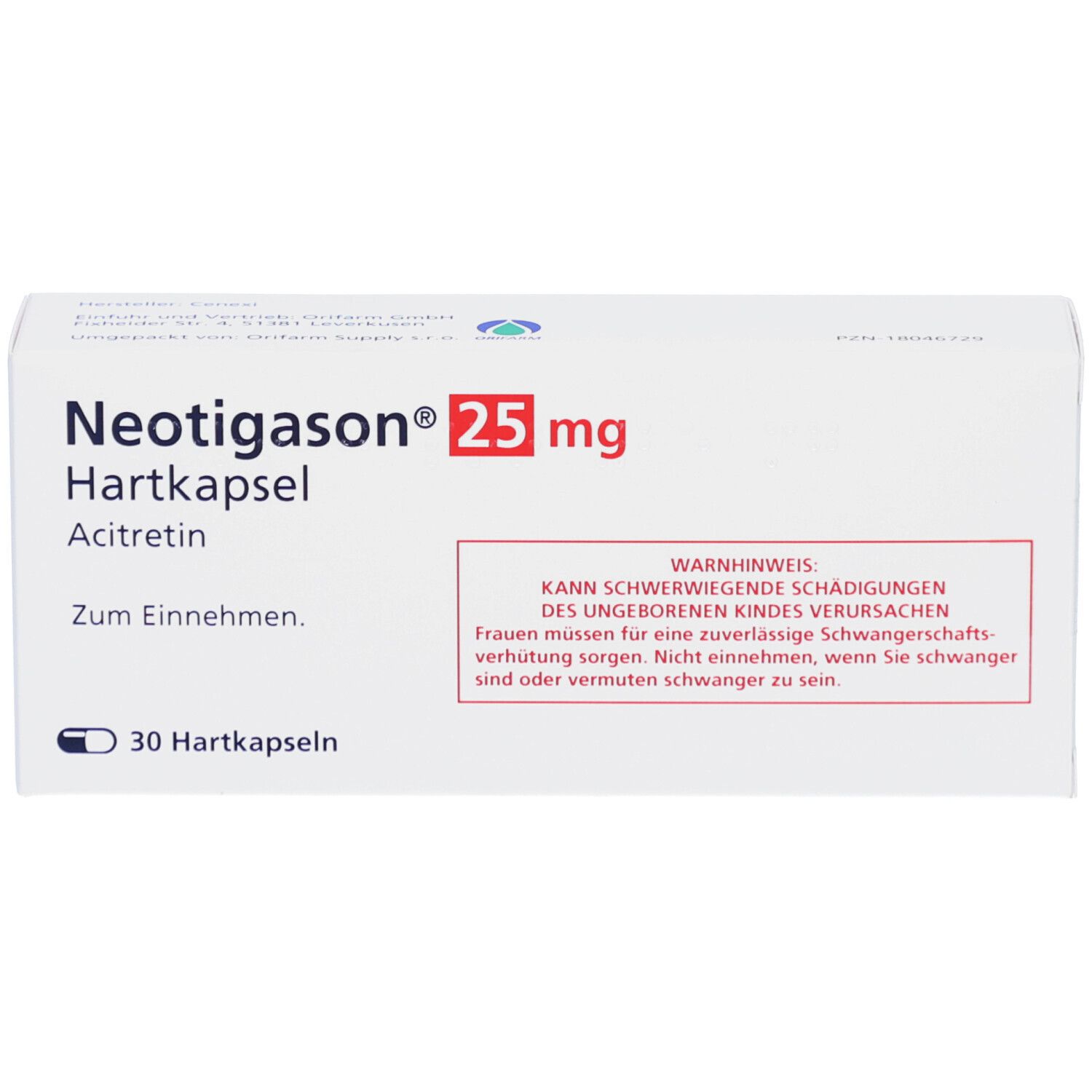 Schachtel mit NEOTIGASON 25 mg Hartkapseln. Aufschrift: Acitretin, 30 Hartkapseln. Warnhinweis in Rot.