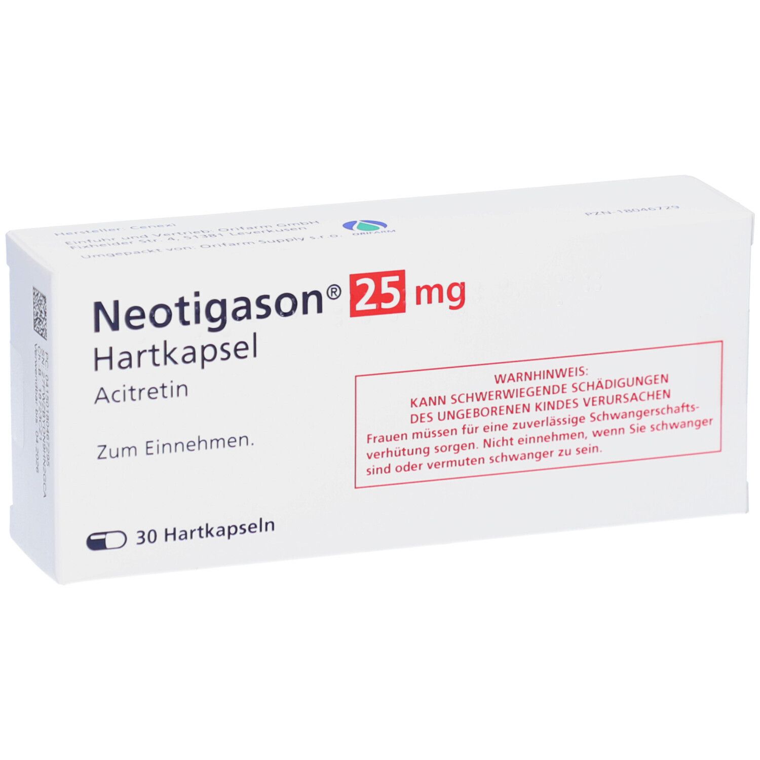 Schachtel mit NEOTIGASON 25 mg Hartkapseln. Aufschrift: Acitretin, 30 Hartkapseln. Warnhinweis in Rot.