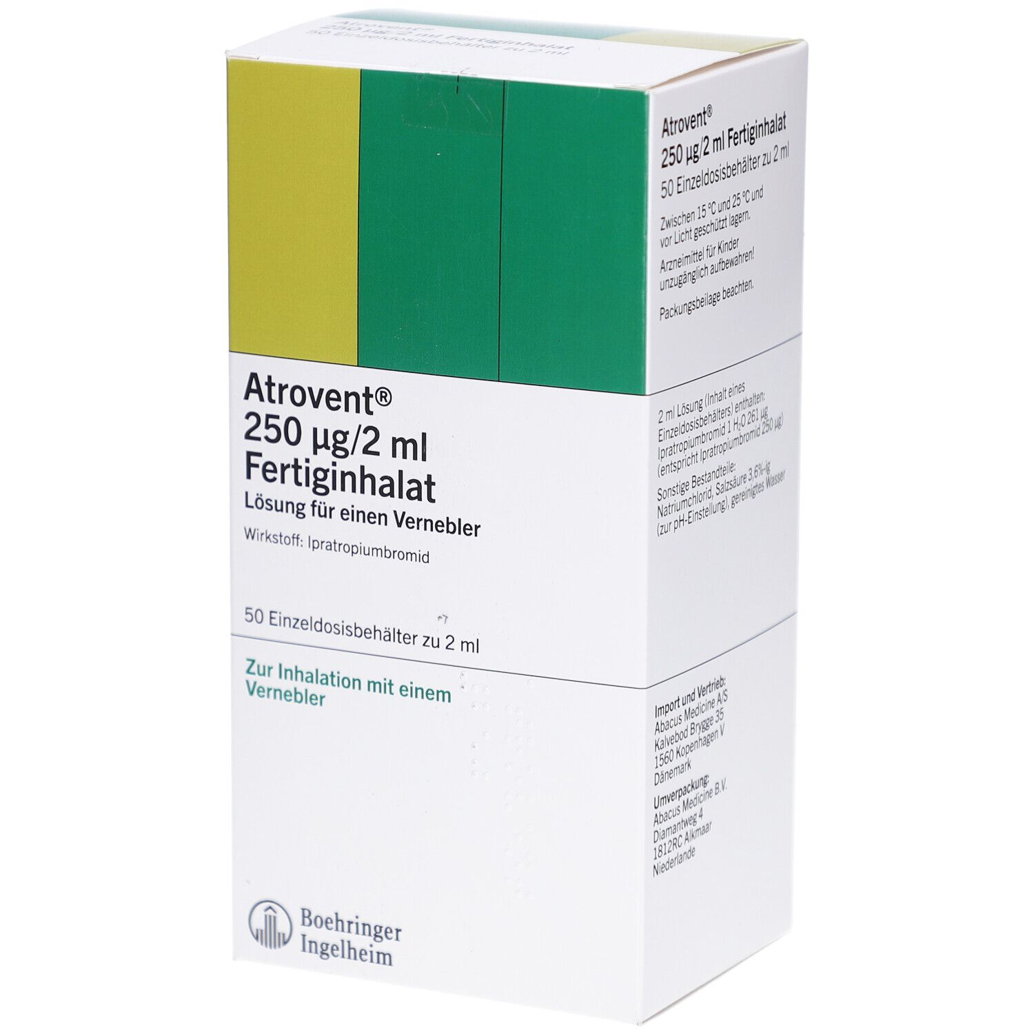 Karton mit Produktinformationen. Aufschrift: Atrovent 250 µg/2 ml Fertiginhalat. 50 Einzeldosisbehältnisse.