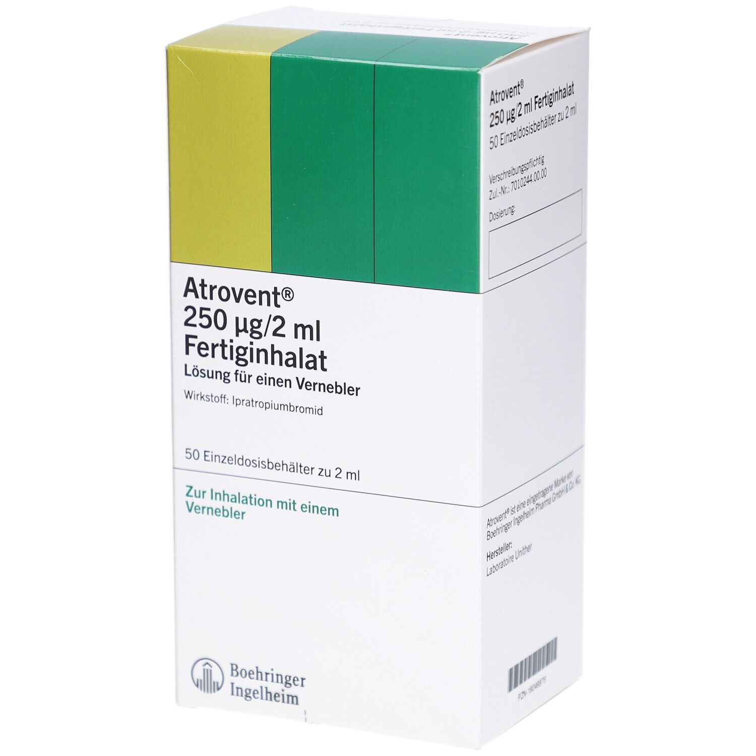 Karton Atrovent 250 µg/2 ml Fertiginhalat. 50 Einzeldosisbehältnisse. Logo Boehringer Ingelheim. Ansicht von schräg oben.