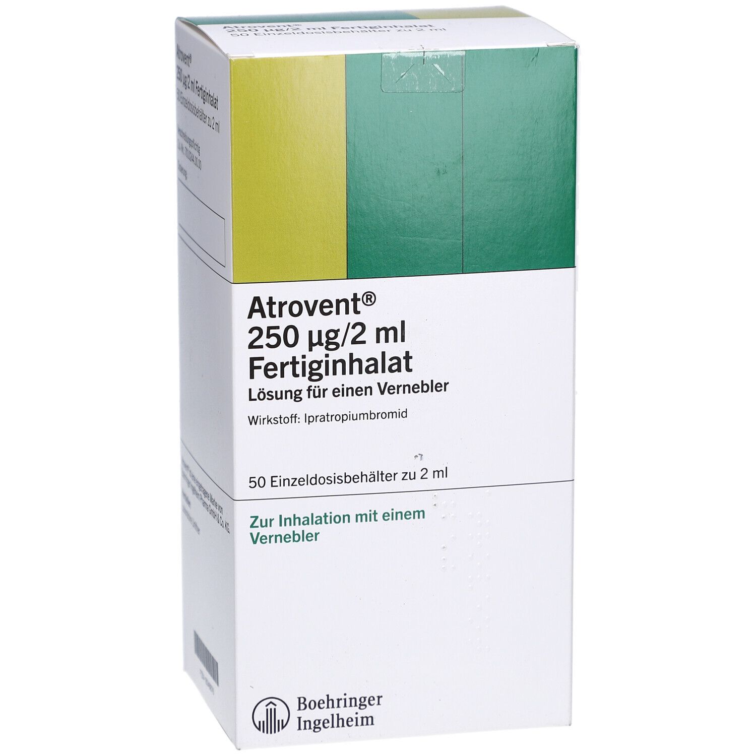 Karton Atrovent 250 µg/2 ml Fertiginhalat. 50 Einzeldosisbehältnisse. Logo Boehringer Ingelheim. Ansicht von schräg.