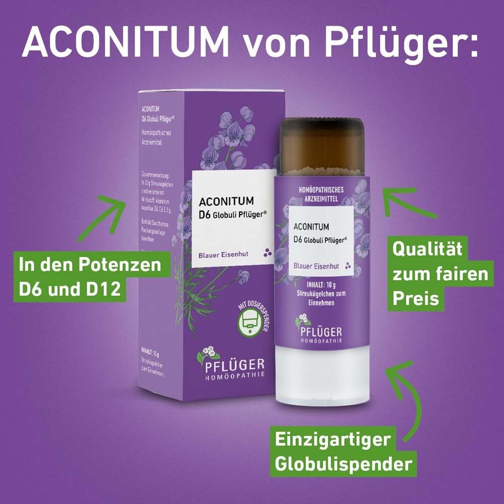 Aconitum D6 Globuli Pflüger® mit Pfeilen und Text: D6 und D12, Qualität, Globulis.