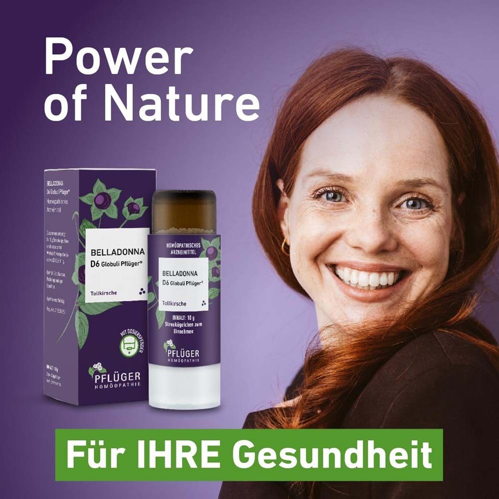 Werbung mit Frau und Belladonna D6 Globuli Pflüger®. Lila Hintergrund mit Text: Power of Nature, Für IHRE Gesundheit.