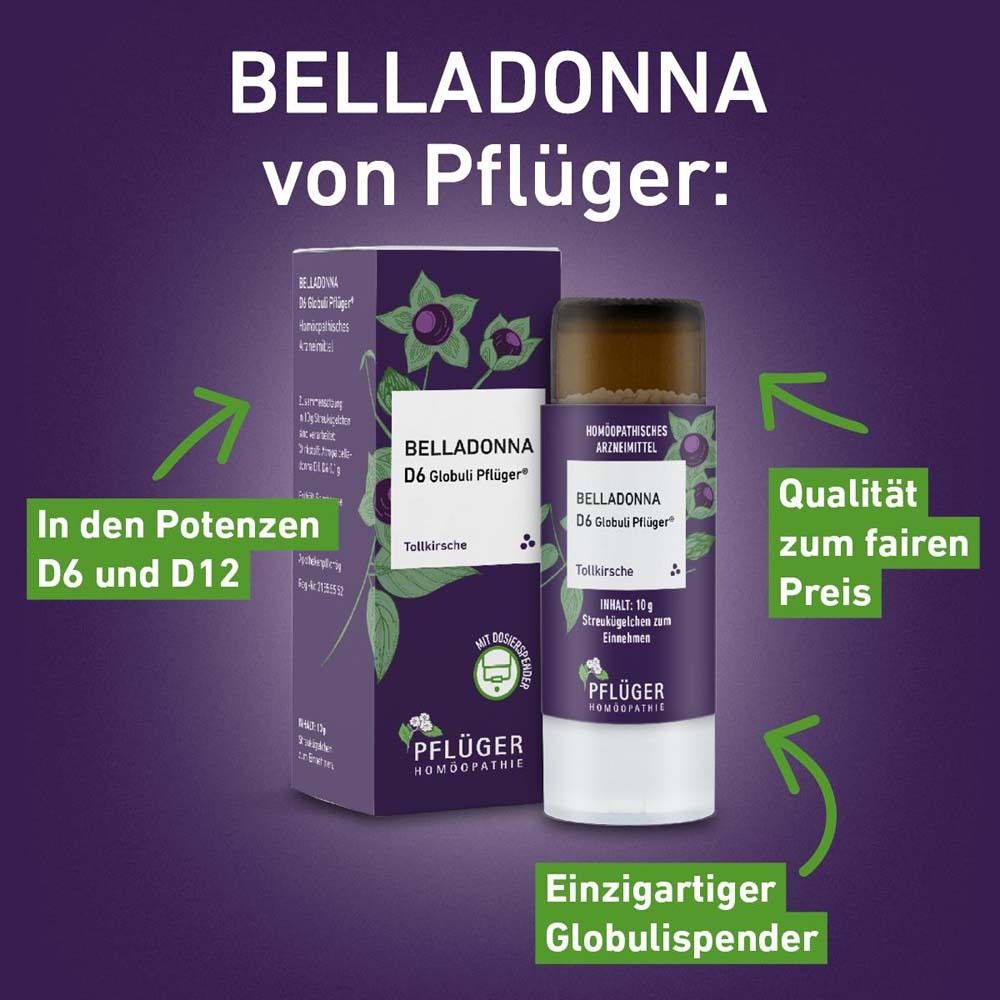 Werbung mit Pfeilen und Text über Belladonna D6 Globuli Pflüger®. Lila Hintergrund mit Produktabbildung.