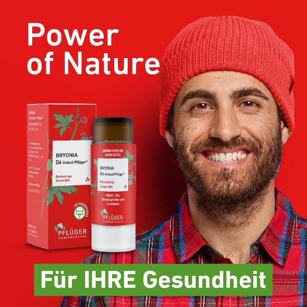 Mann mit roter Mütze und Produkt. Text: Power of Nature, Für IHRE Gesundheit. Produkt: Bryonia D6 Globuli Pflüger®.