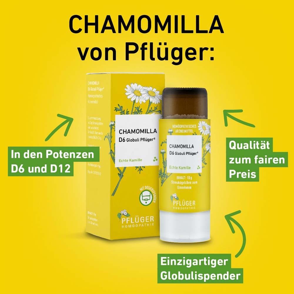 Gelber Hintergrund mit Chamomilla D6 Globuli Pflüger® und Pfeilen. Text: In den Potenzen D6 und D12.