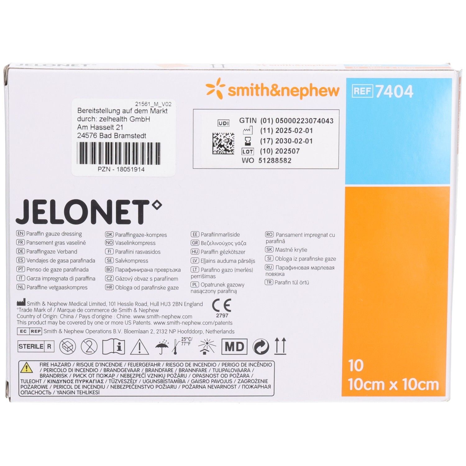 Rückseite der JELONET Paraffingaze Verpackung. Produktinformationen, Smith & Nephew Logo, REF 7404. 10 x 10 cm.
