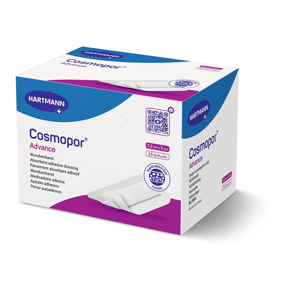 Verpackung Cosmopor Advance Wundverband, 25 Stück, 7,2 x 5 cm.