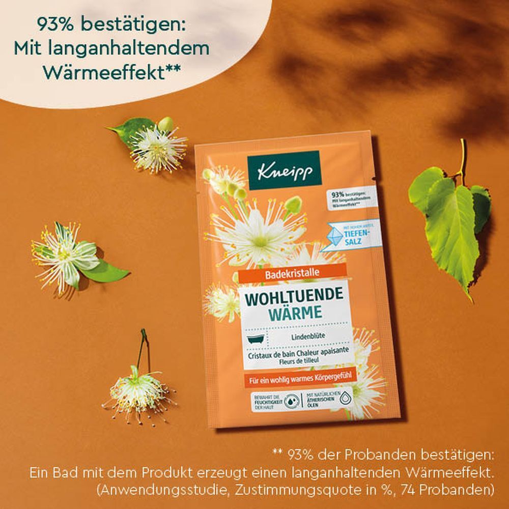 Produktverpackung mit Badekristallen und Blüten. Text: Kneipp, Badekristalle, wohltuende Wärme, Lindenblüte. 93% bestätigen Wärmeeffekt.