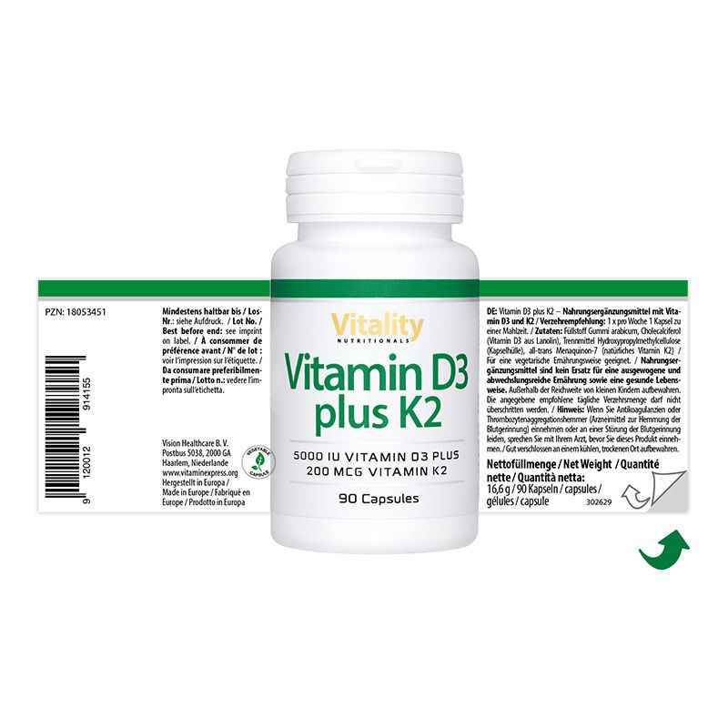 Vitamin D3 5000 I.e. plus K2 200 µg Kapseln 90 St