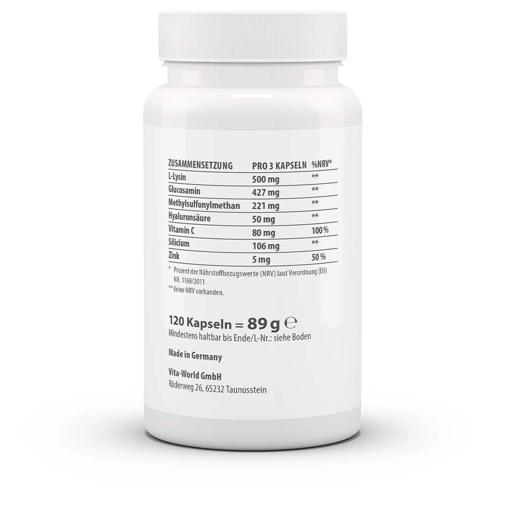 Rückseite der weißen Flasche. Zutatenliste, Nährwertangaben, 120 Kapseln, 89 g, Made in Germany.