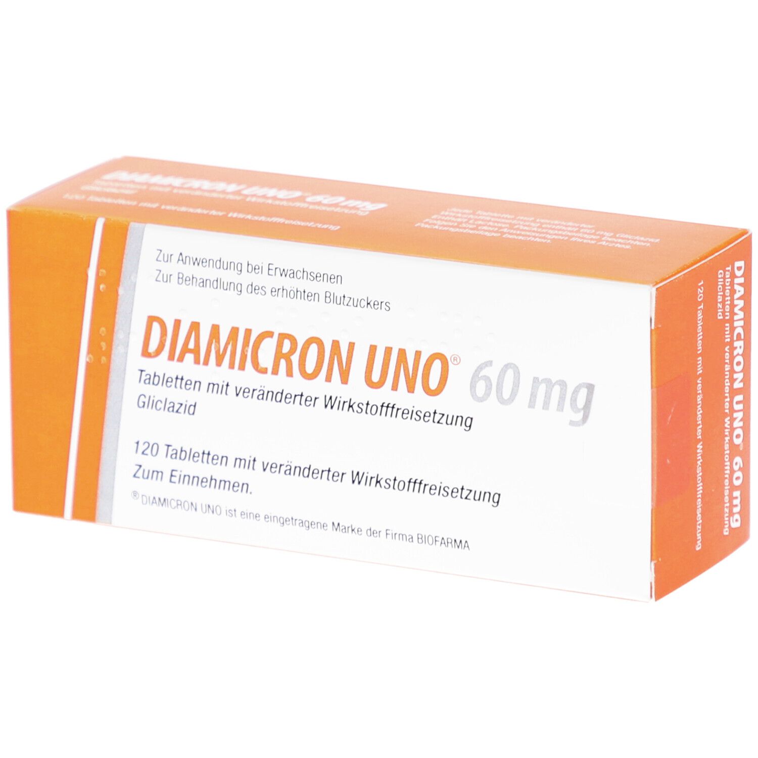 Schachtel DIAMICRON UNO 60 mg. Aufschrift: DIAMICRON UNO 60 mg, 120 Tabletten. Orange-weißes Design.