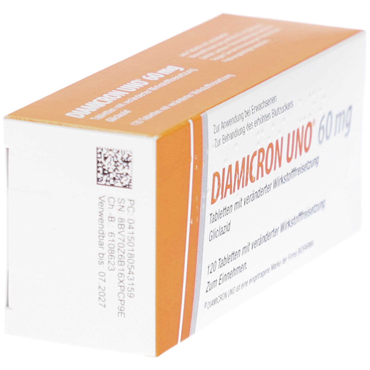 Schachtel DIAMICRON UNO 60 mg, Seitenansicht. Aufschrift: DIAMICRON UNO 60 mg, 120 Tabletten. QR-Code und Verfallsdatum.