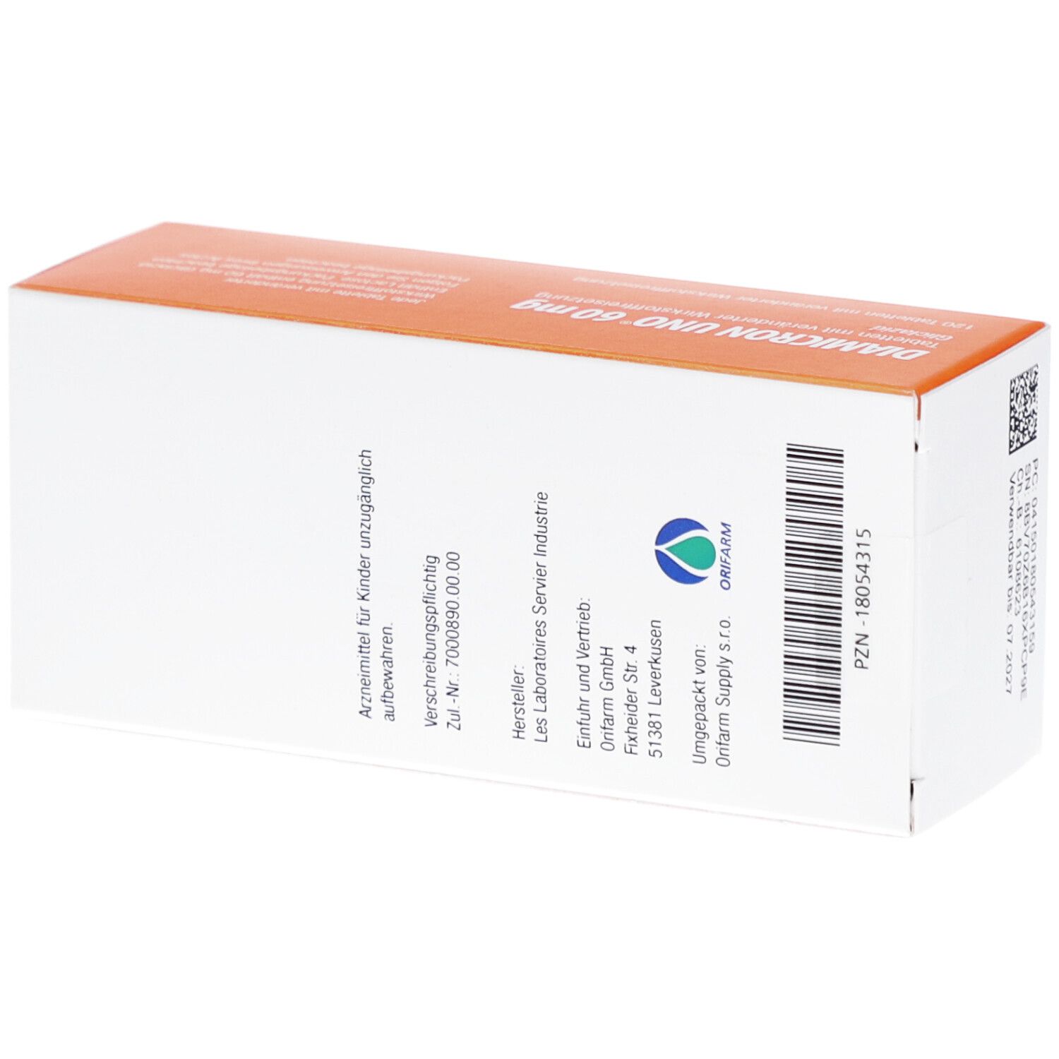 Rückseite der Schachtel DIAMICRON UNO 60 mg. Barcode, Herstellerinformationen und PZN-Nummer.