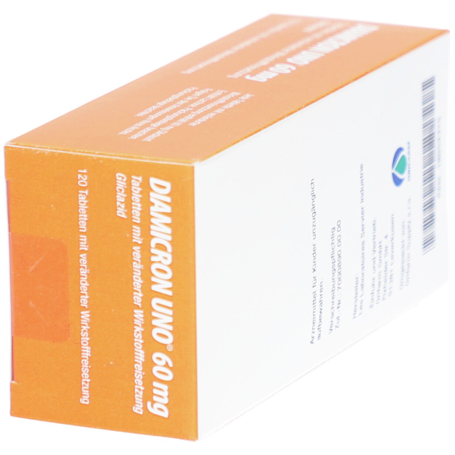 Schachtel DIAMICRON UNO 60 mg, schräge Ansicht. Aufschrift: DIAMICRON UNO 60 mg, 120 Tabletten. Orange-weißes Design.