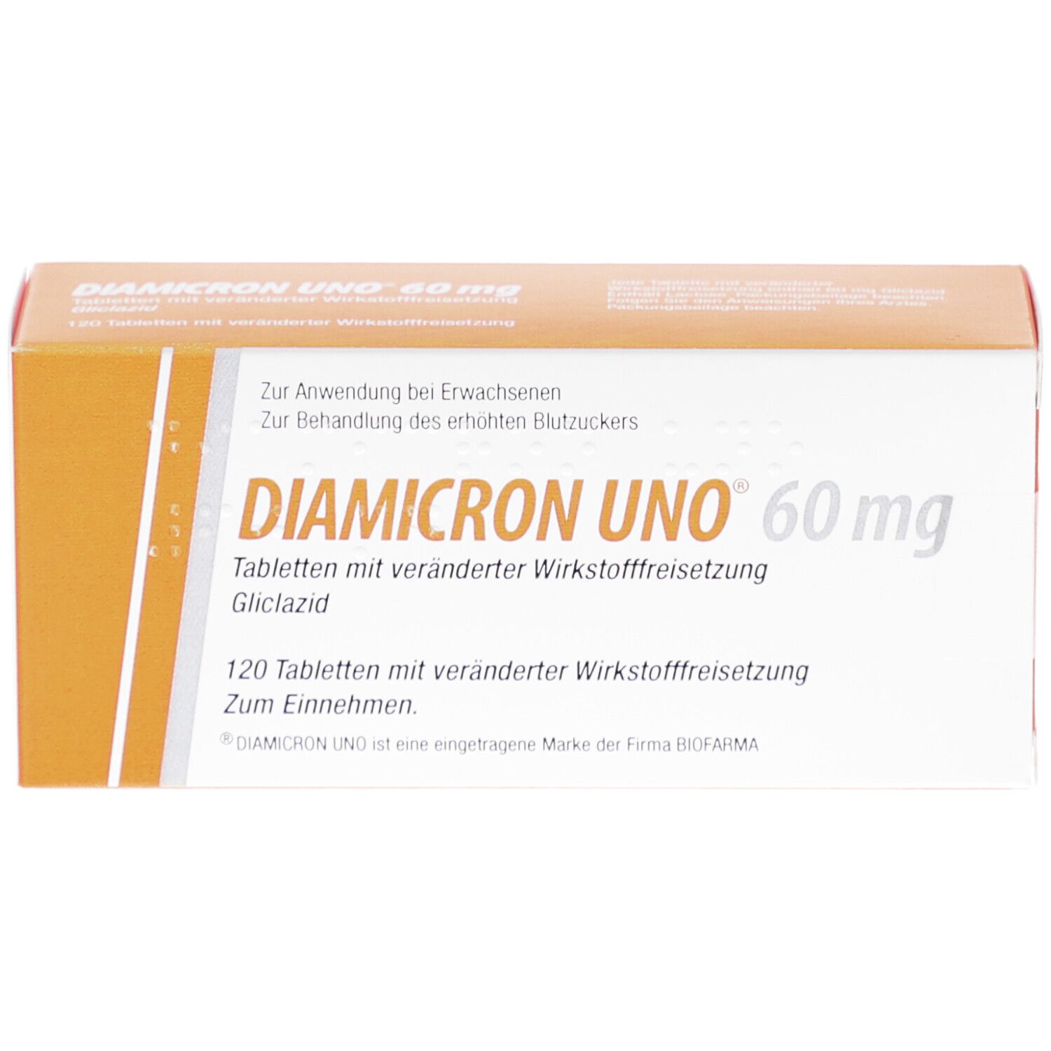 Schachtel DIAMICRON UNO 60 mg. Aufschrift: DIAMICRON UNO 60 mg, 120 Tabletten. Orange-weißes Design.
