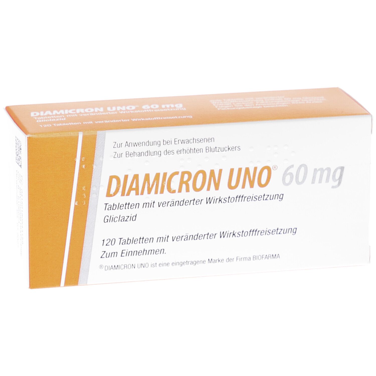 Schachtel DIAMICRON UNO 60 mg. Aufschrift: DIAMICRON UNO 60 mg, 120 Tabletten. Orange-weißes Design.