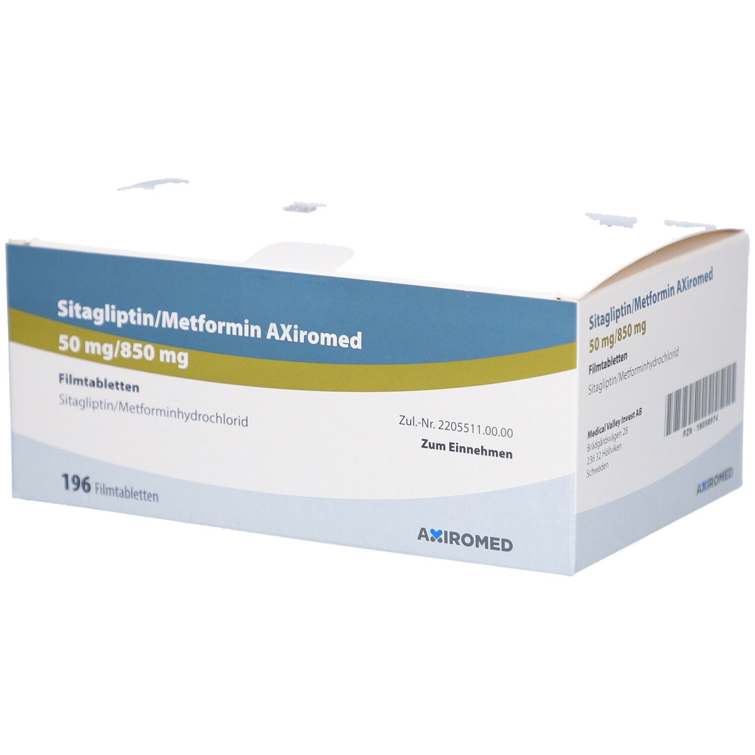 Verpackung von Sitagliptin/Metformin AXiromed 50 mg/850 mg Filmtabletten. Blaue und gelbe Akzente. 196 Tabletten.