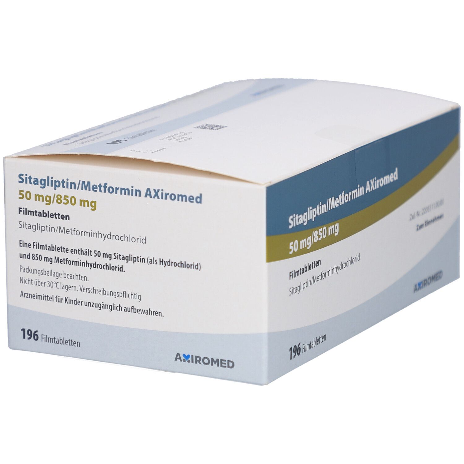 Schräg gestellte Verpackung von Sitagliptin/Metformin AXiromed 50 mg/850 mg Filmtabletten. 196 Tabletten.