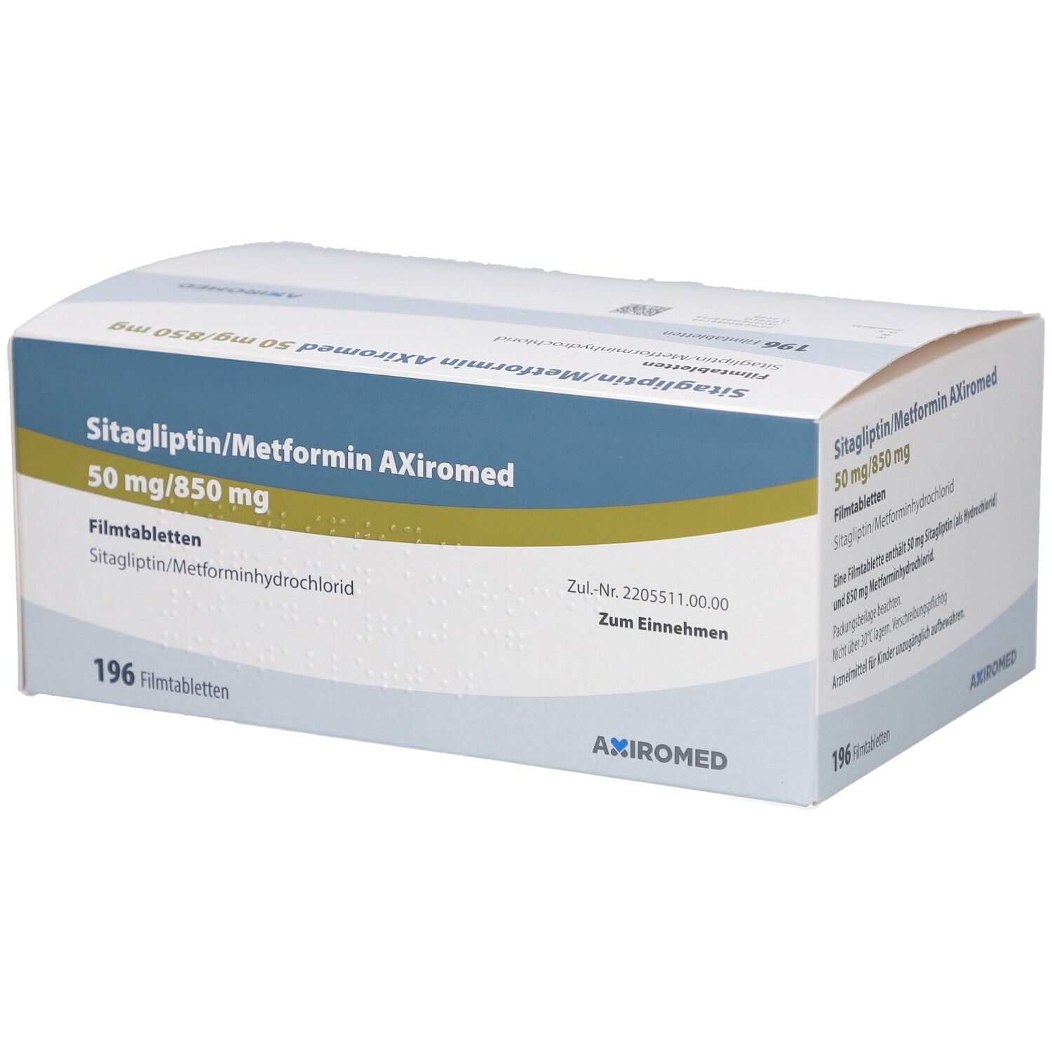 Verpackung von Sitagliptin/Metformin AXiromed 50 mg/850 mg Filmtabletten. Blaue und gelbe Akzente. 196 Tabletten.