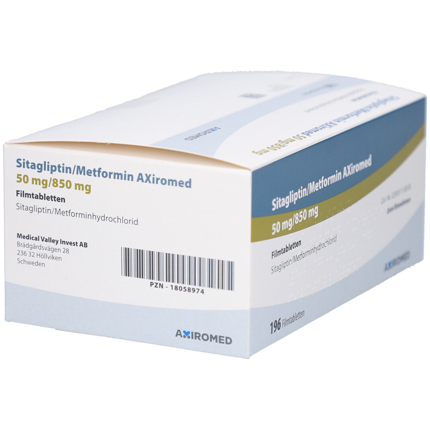 Schräg gestellte Verpackung von Sitagliptin/Metformin AXiromed 50 mg/850 mg Filmtabletten. 196 Tabletten.