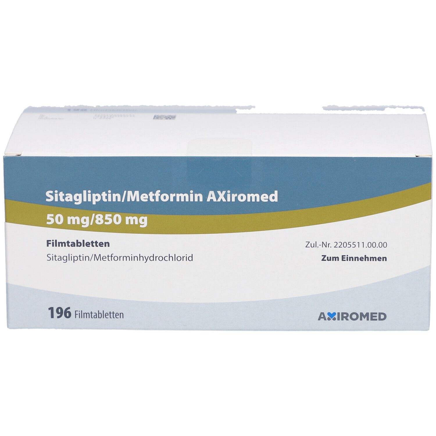 Verpackung von Sitagliptin/Metformin AXiromed 50 mg/850 mg Filmtabletten. Blaue und gelbe Akzente. 196 Tabletten.