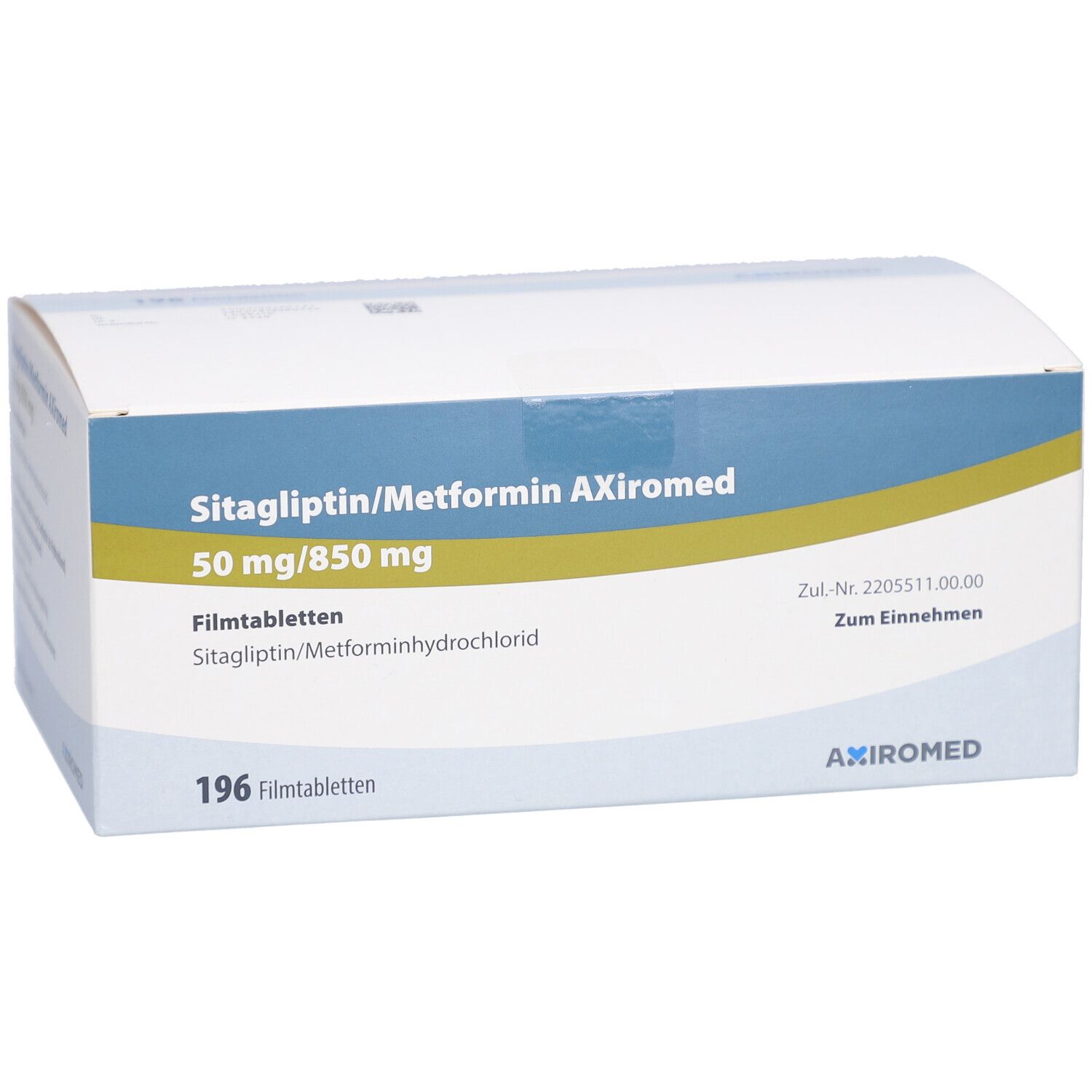 Verpackung von Sitagliptin/Metformin AXiromed 50 mg/850 mg Filmtabletten. Blaue und gelbe Akzente. 196 Tabletten.