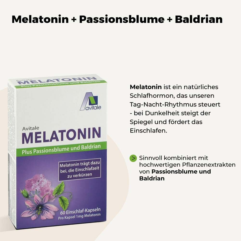 Produktpackung "Avitale Melatonin Plus Passionsblume und Baldrian". Text: Melatonin, 60 Kapseln. Hintergrund: Grün.