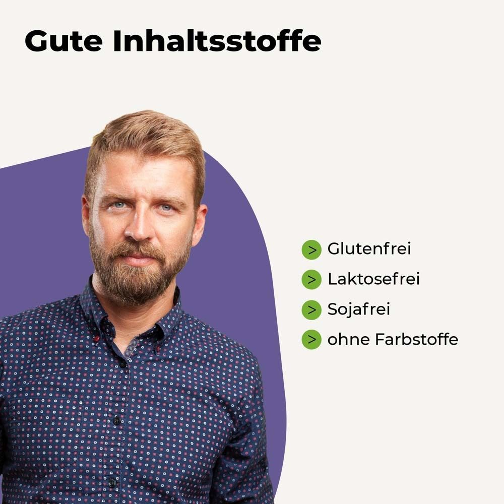 Mann mit Bart. Text: "Gute Inhaltsstoffe". Grafiken: Glutenfrei, Laktosefrei, Sojafrei, ohne Farbstoffe.