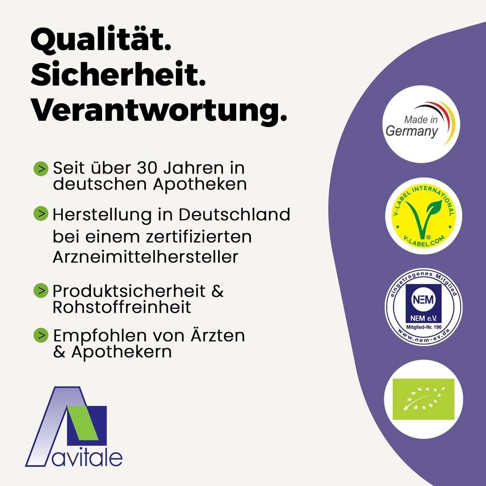 Qualitätsmerkmale. Text: "Qualität. Sicherheit. Verantwortung.". Logos: Made in Germany, V-Label, NEM, Bio.