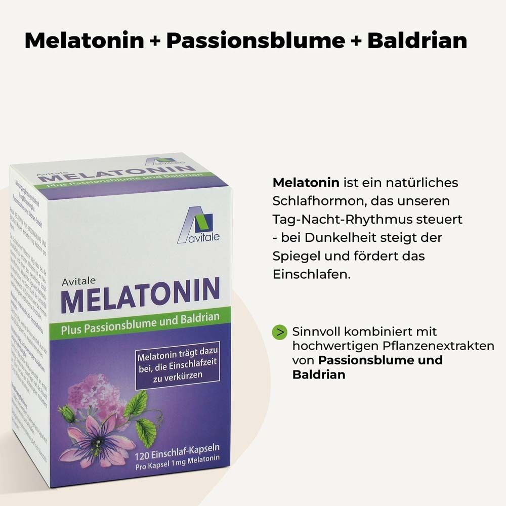 Schachtel "Avitale Melatonin Plus Passionsblume und Baldrian". Text: Melatonin verkürzt die Einschlafzeit. Zusätzlicher Text.