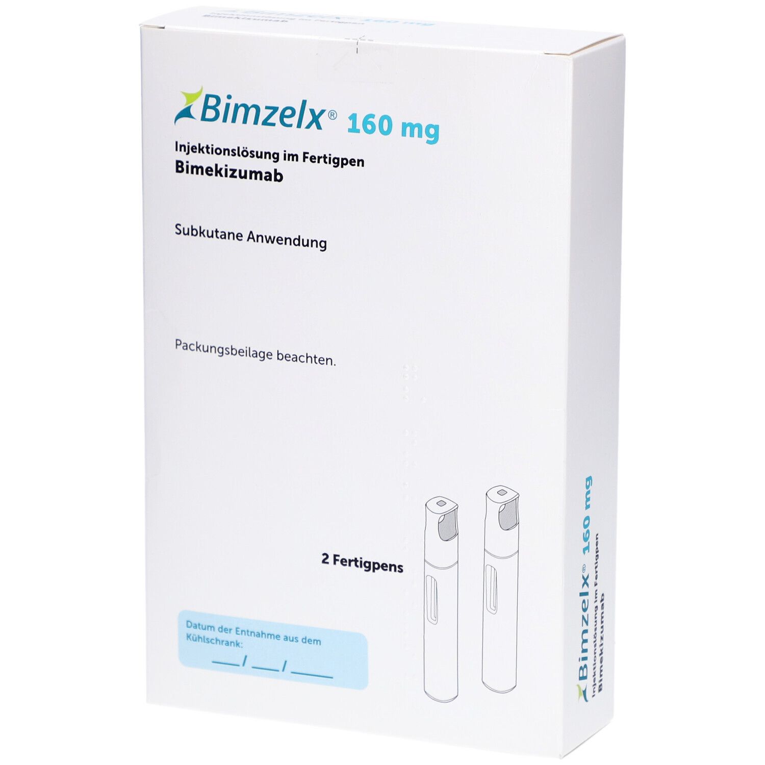 Weiße Faltschachtel mit BIMZELX 160 mg, Injektionslösung im Fertigpen. Zwei Fertigpens abgebildet.