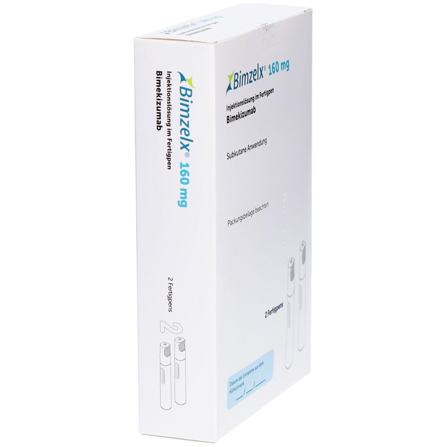 Weiße Faltschachtel mit BIMZELX 160 mg, Injektionslösung im Fertigpen. Seitenansicht mit Text.
