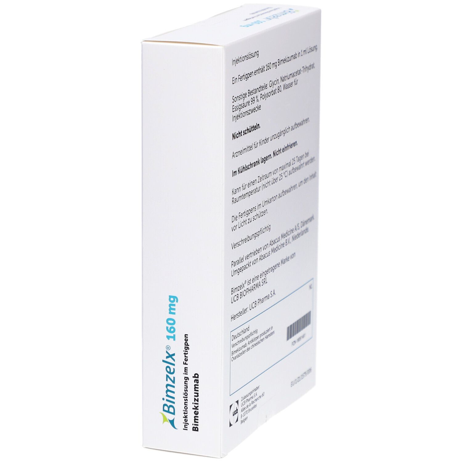 Weiße Faltschachtel mit BIMZELX 160 mg, Injektionslösung im Fertigpen. Seitenansicht mit Text.
