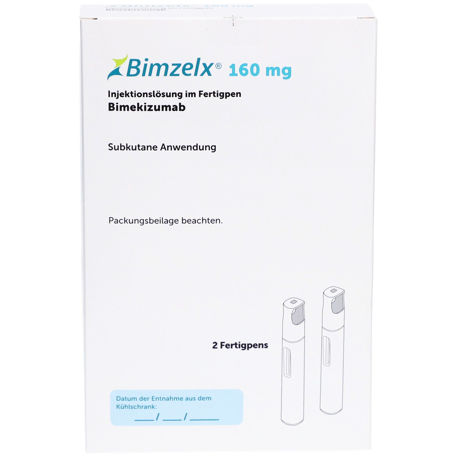 Weiße Faltschachtel mit BIMZELX 160 mg, Injektionslösung im Fertigpen. Zwei Fertigpens abgebildet.