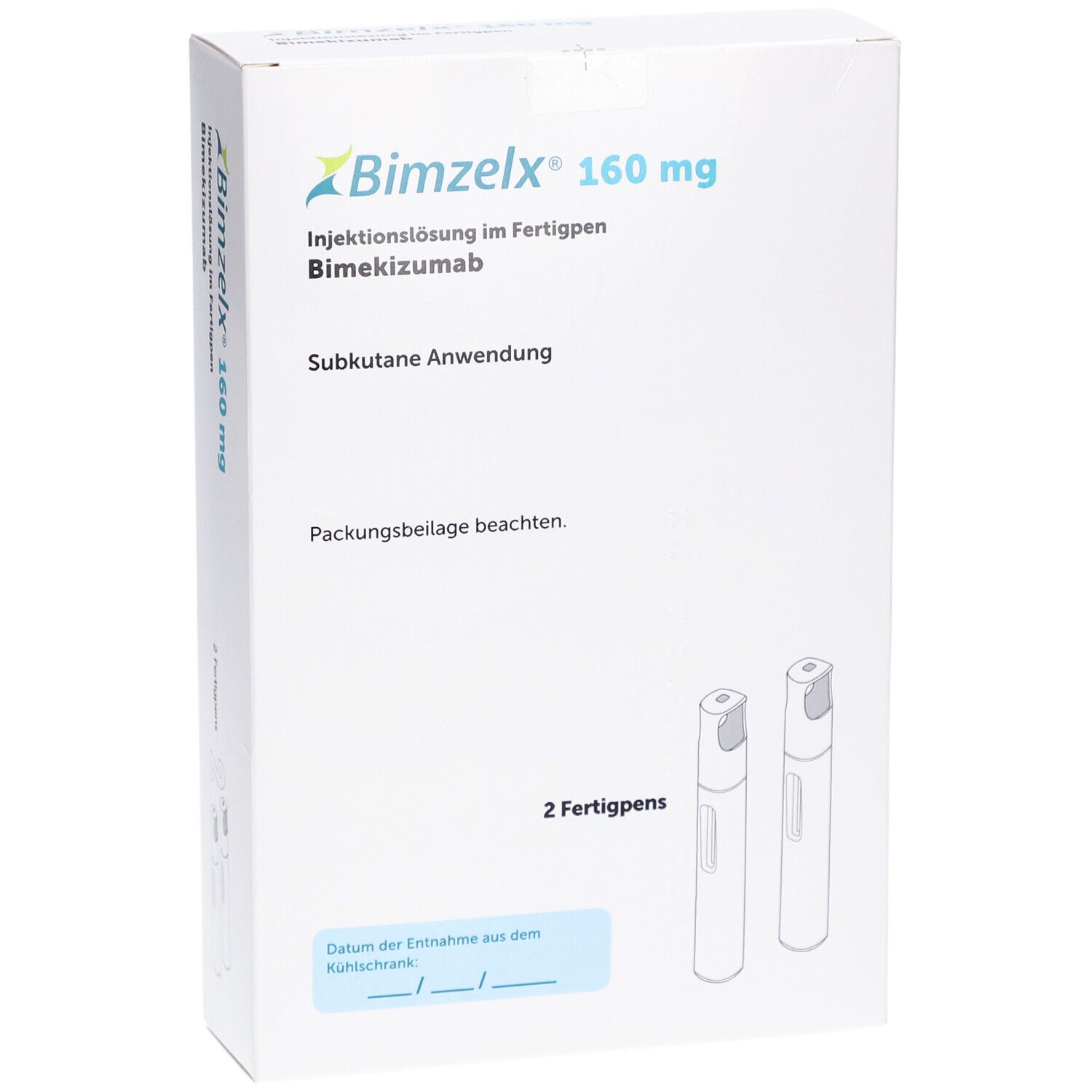 Weiße Faltschachtel mit BIMZELX 160 mg, Injektionslösung im Fertigpen. Zwei Fertigpens abgebildet.