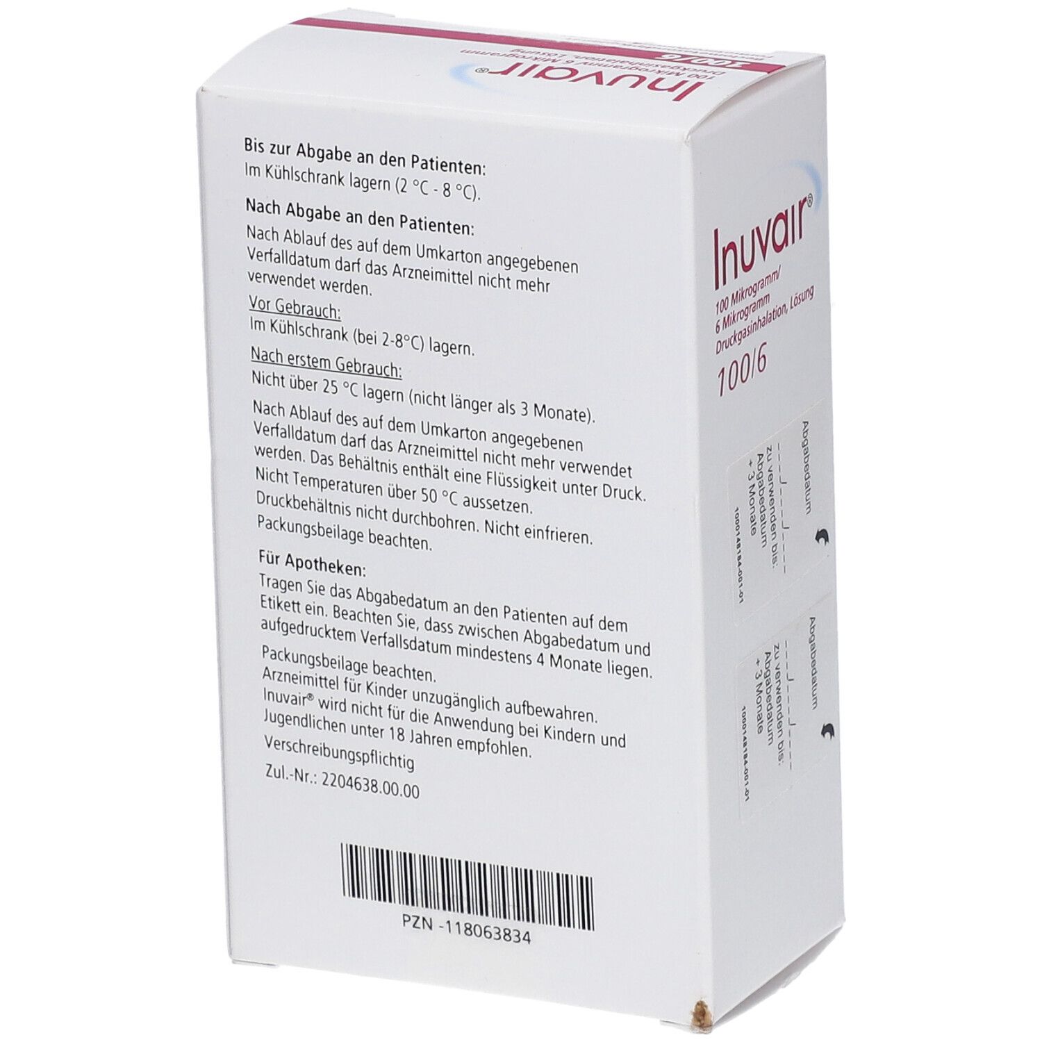 Rückseite der weißen Verpackung. Enthält Informationen zur Lagerung, Anwendung und Hersteller. Text in deutscher Sprache.