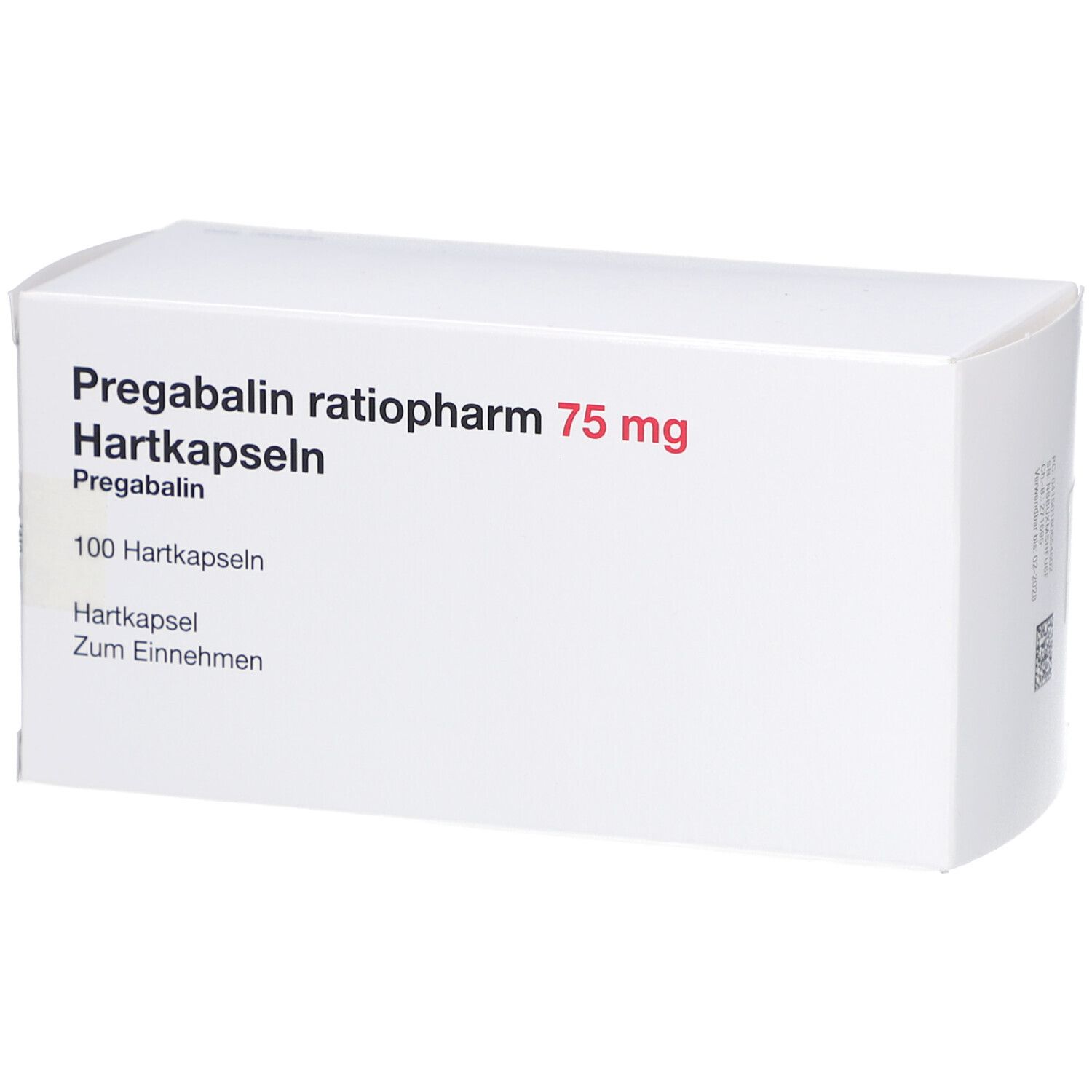 Weiße Faltschachtel mit roter und schwarzer Schrift. Beschriftung: Pregabalin ratiopharm 75 mg Hartkapseln. 100 Hartkapseln.