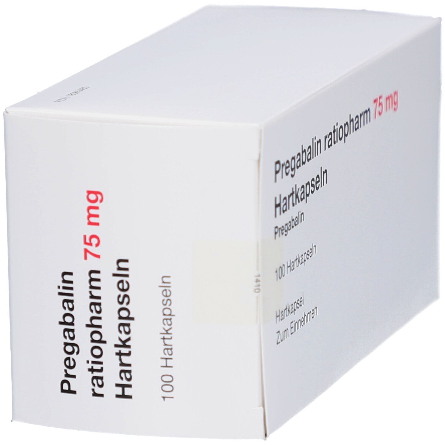 Weiße Faltschachtel, schräg von der Seite gesehen. Beschriftung: Pregabalin ratiopharm 75 mg Hartkapseln. 100 Hartkapseln.