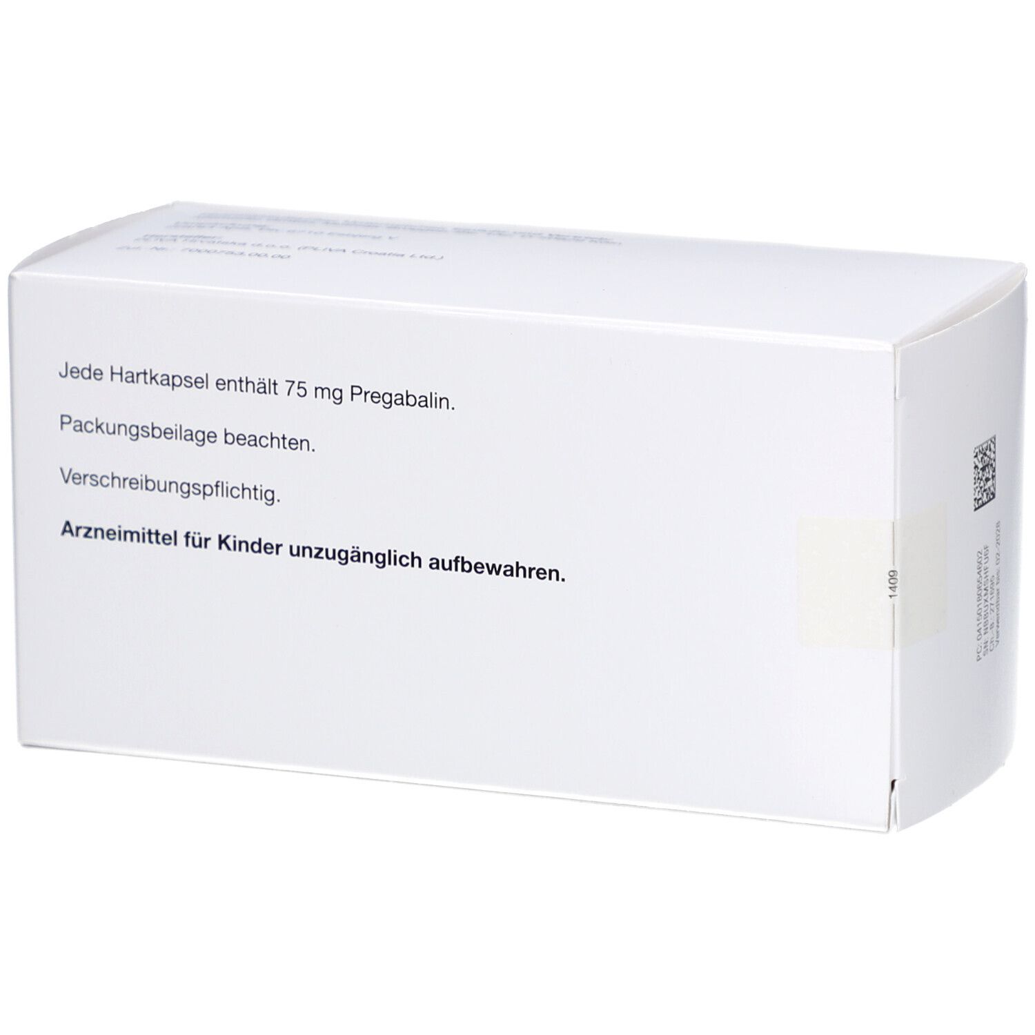 Rückseite einer weißen Faltschachtel. Text: Jede Hartkapsel enthält 75 mg Pregabalin. Packungsbeilage beachten. Verschreibungspflichtig.