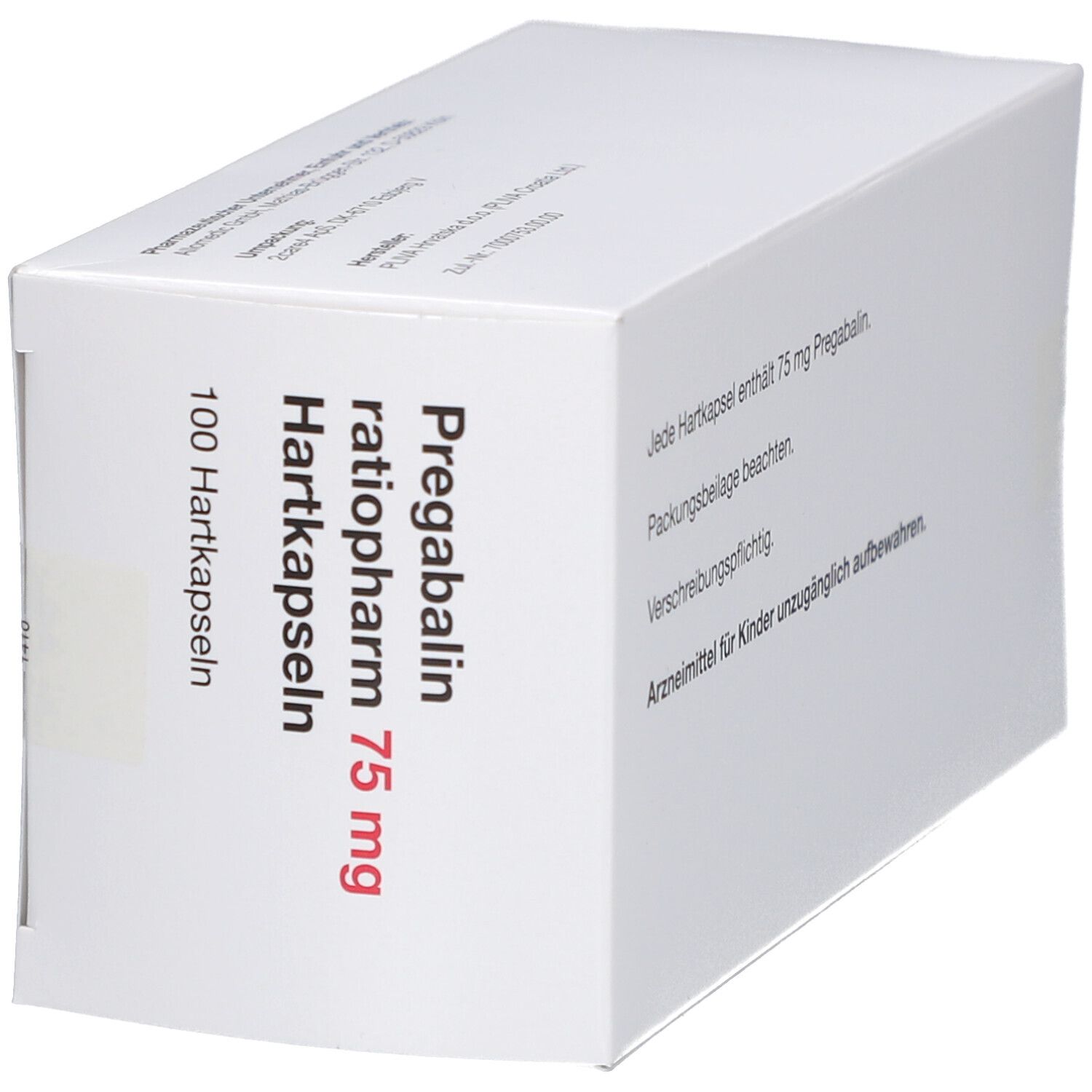 Weiße Faltschachtel, schräg von der Seite gesehen. Beschriftung: Pregabalin ratiopharm 75 mg Hartkapseln. 100 Hartkapseln.