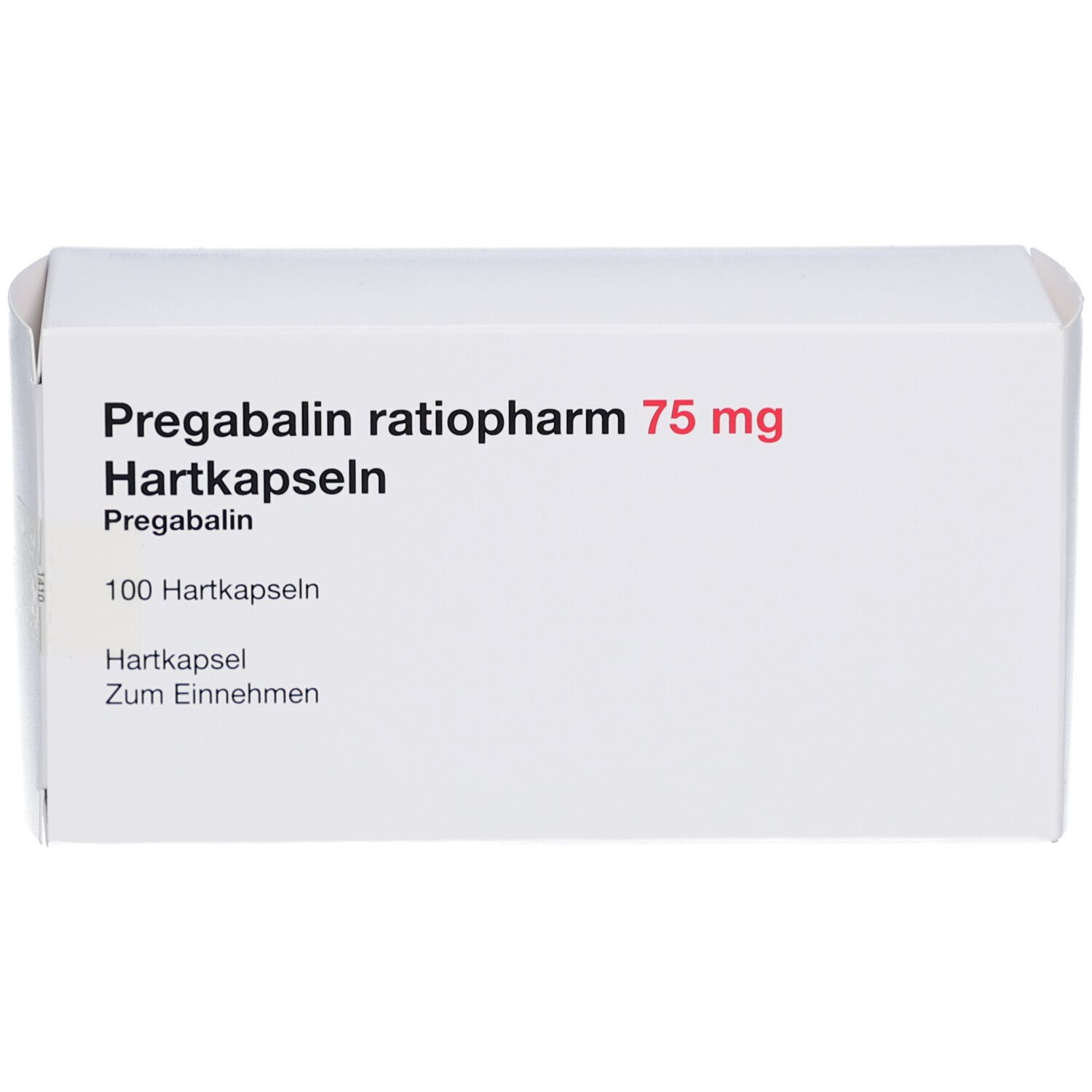 Weiße Faltschachtel mit roter und schwarzer Schrift. Beschriftung: Pregabalin ratiopharm 75 mg Hartkapseln. 100 Hartkapseln.