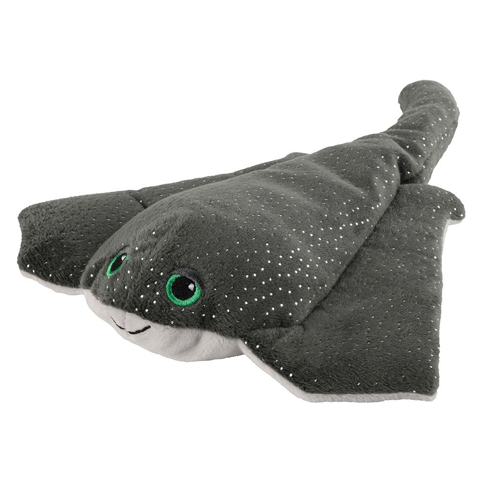 Graue Stoffrochen mit weißen Punkten, grünen Augen und lächelndem Mund. Schräge Ansicht.