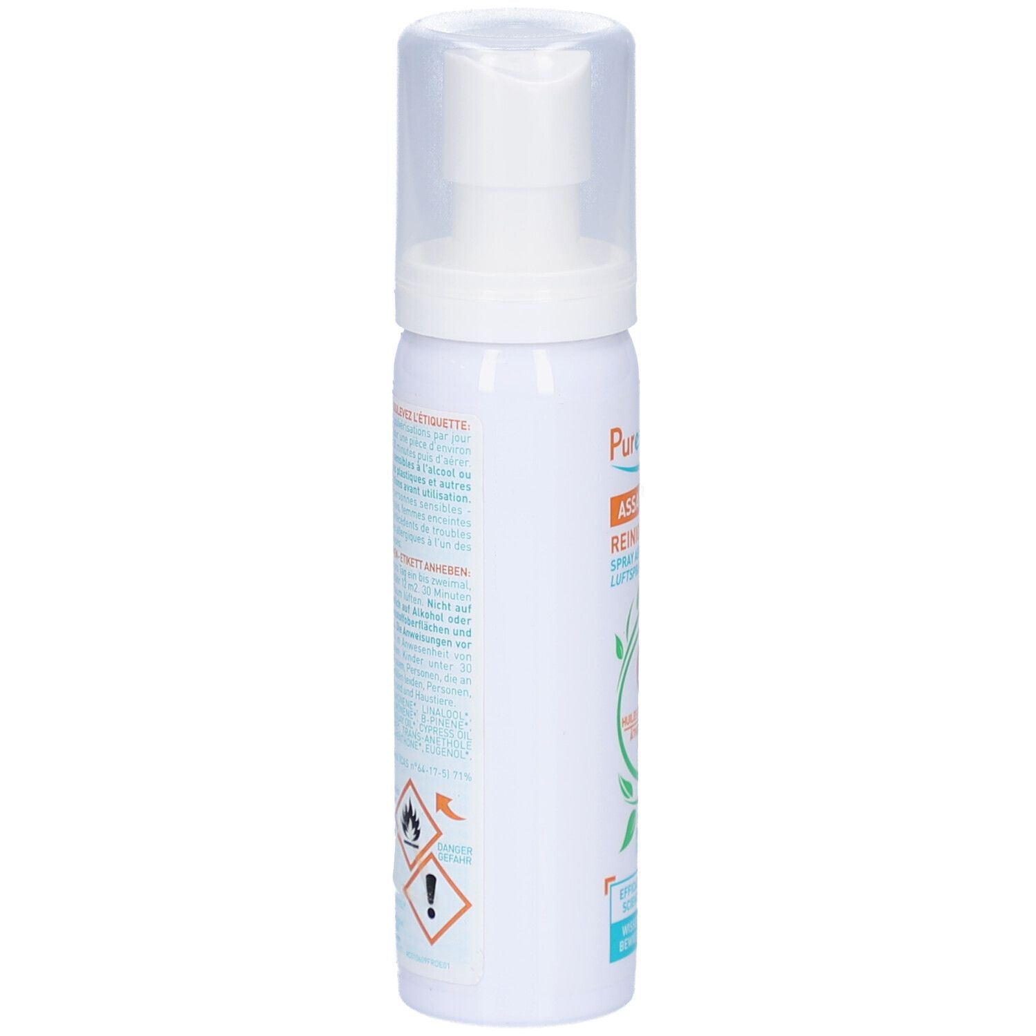 Weiße Sprühflasche mit transparentem Deckel. Etikett mit Text und Piktogrammen. ECOCERT-Logo.