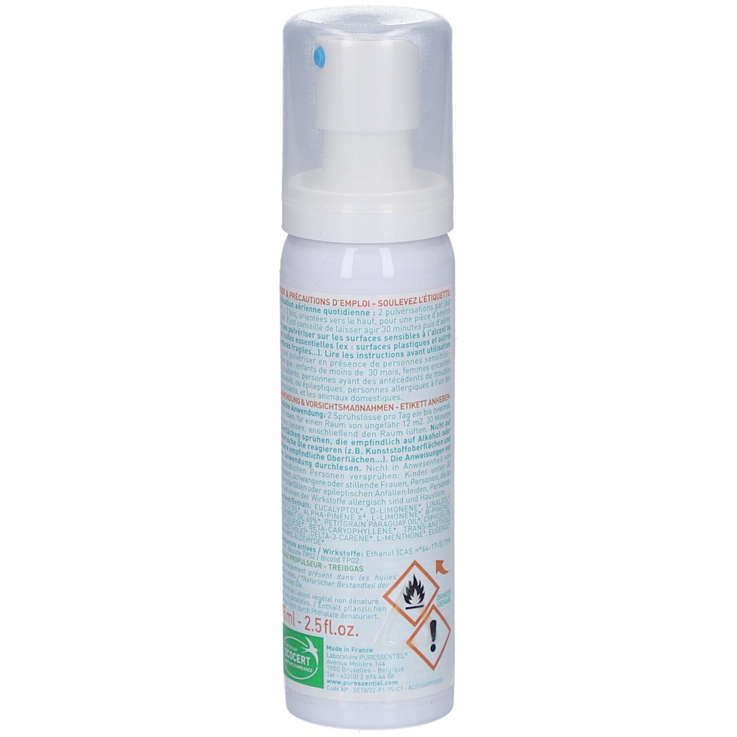 Weiße Sprühflasche mit transparentem Deckel. Etikett mit Text und Piktogrammen. Blaue Sprühöffnung.