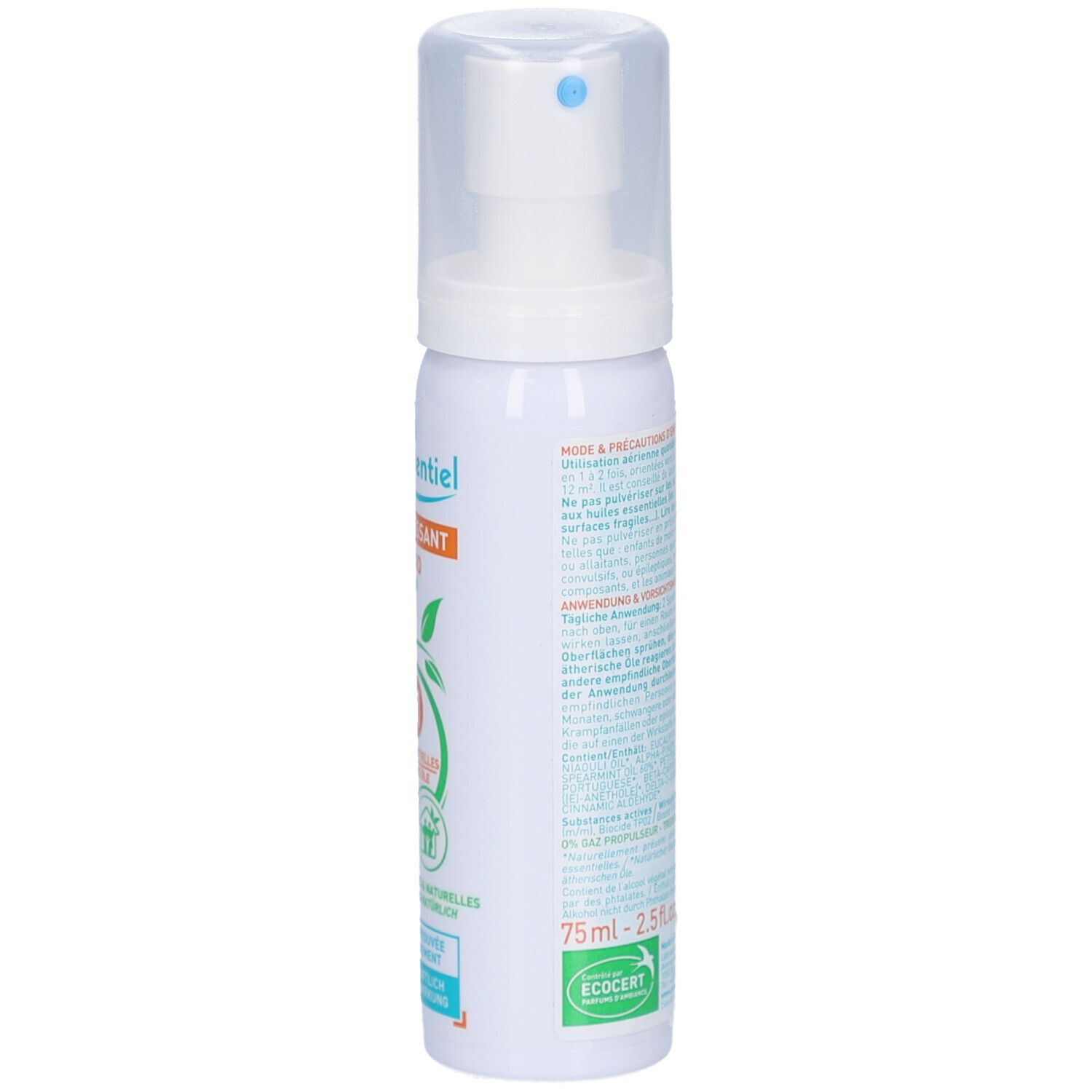 Weiße Sprühflasche mit transparentem Deckel. Etikett mit Text und Piktogrammen. Blaue Sprühöffnung.