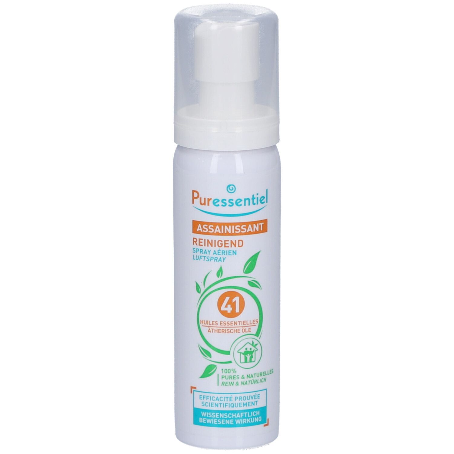 Weiße Sprühflasche mit transparentem Deckel. Orangefarbenes Etikett mit Text und Logo. 41 ätherische Öle.