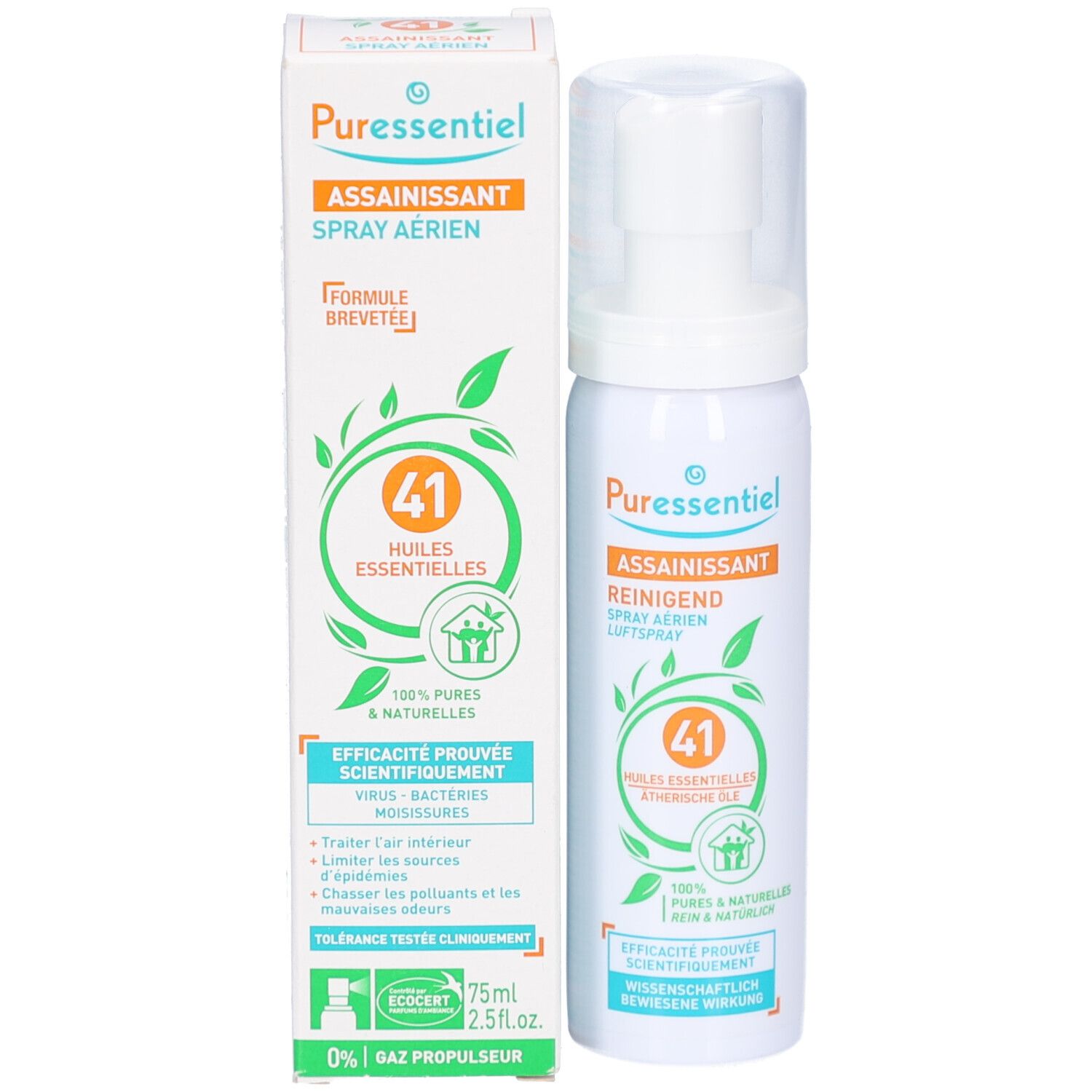 Produkt und Verpackung. Weiße Sprühflasche und Karton. Orangefarbenes Etikett. 41 ätherische Öle. ECOCERT-Logo.